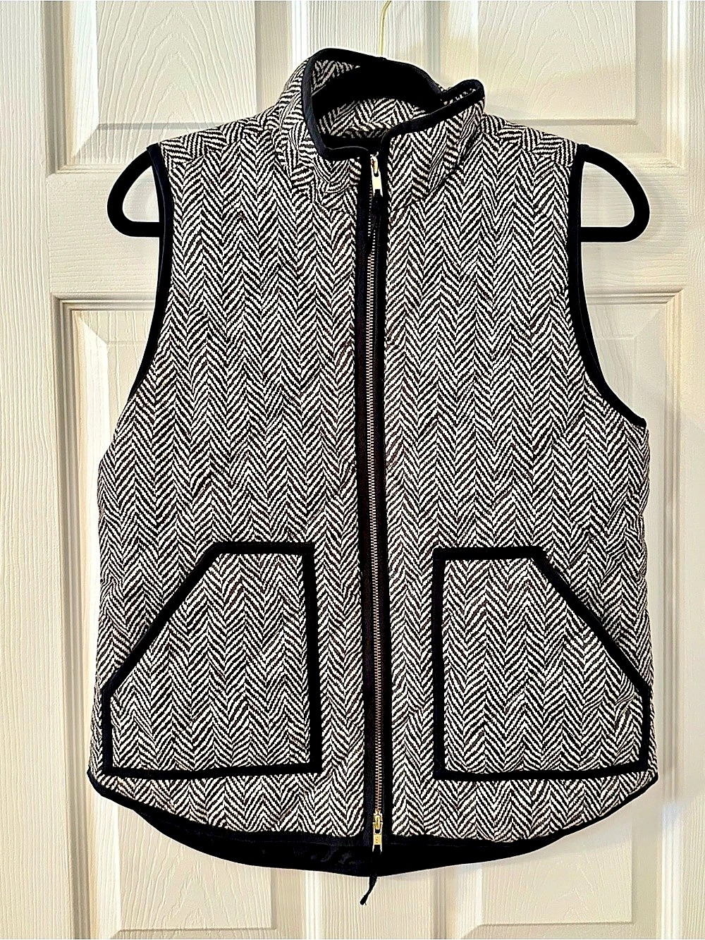J.Crew Excursion Quilted Down Vest in Black White Herringbone Zip